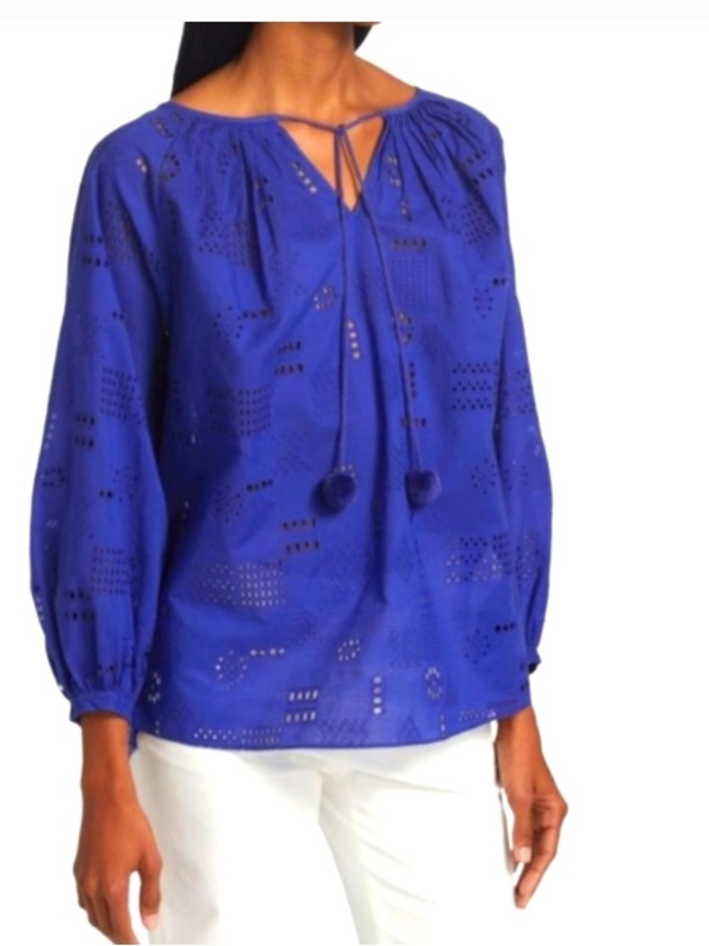 Lafayette New York Royal Blue Eyelet Peasant Blouse with Pom-Tie
